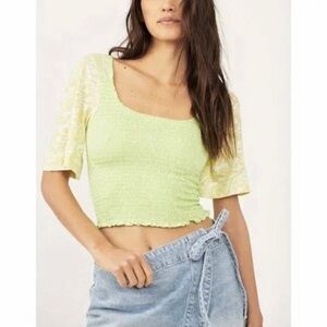 NWT Free People Marigold Color-Blocked Leaf and Floral Smocked Crop Top Size XL